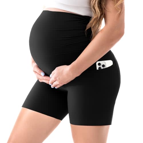 Walifrey Maternity Shorts with Pockets Over the Belly | Biker,Casual,for Women Yoga Activewear,Pregnancy and Postpartum,Buttery Soft