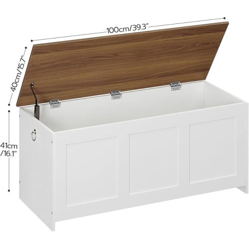 HOOBRO Storage Bench, 39.3" Retro Wooden Storage Chest, Wooden Storage Trunk, Toy Chest with Lift Top, Multifunctional Entryway Organizer, for Entryway, Living Room, White and Walnut WH141CW01G1