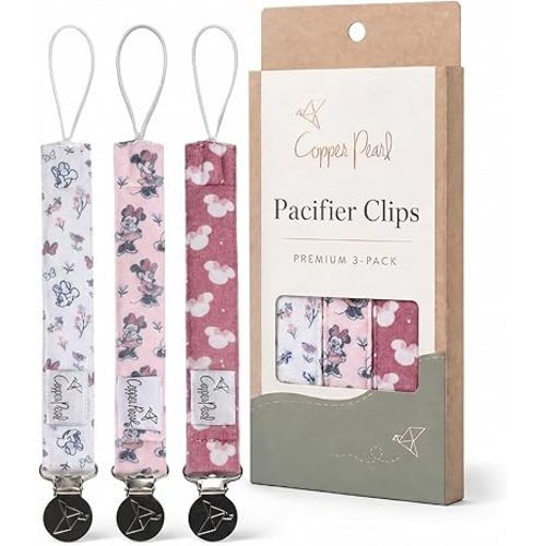 Copper Pearl 3-Pack Pacifier Holders: Premium Knit Binky Clips for Baby Girls and Boys - Stylish Stainless Steel Design for Secure No-Drop Attachment - Minnie Mouse