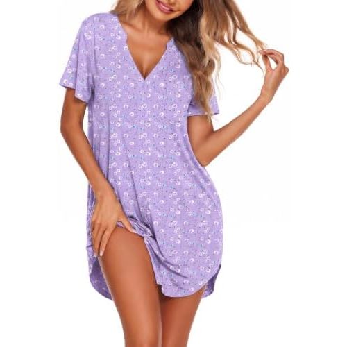 Ekouaer Nightgowns for Women Button Down Night Gown Short Sleeve Nightshirt