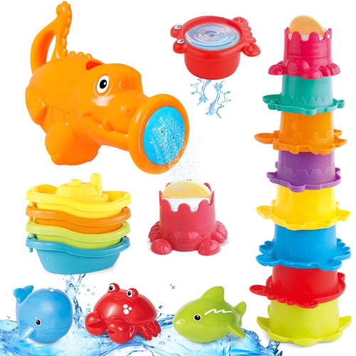 Baby Bath Toys for Toddlers 1-3, 16PCS Bathtub Toys for Babies 6-12-18 Months, Stacking Cups with Floating Boats & Silicone Animal & Watering Can, Infant Pool Water Shower Gifts for Boy Girl Age 1 2