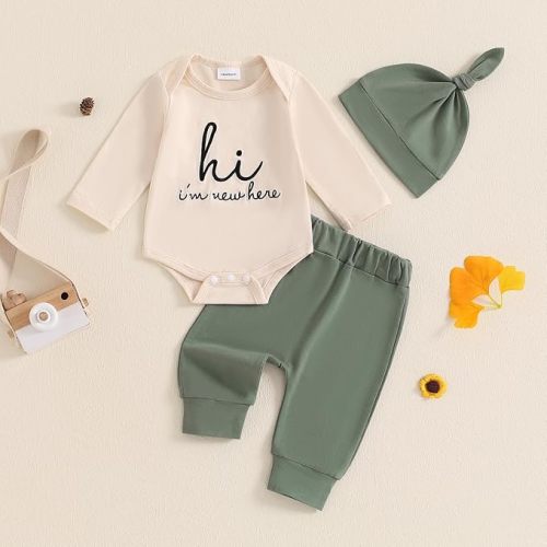 Twopumpkin Newborn Baby Boy Girl Clothes Outfits Short Sleeve Romper Bodysuit Cotton Pants and Hat Coming Home Outfit
