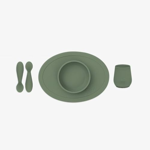 ezpz First Foods Set for Babies – Suctioning Bowl, Cup, & Spoons for Self-Feeding & Fine Motor Skills Development – 100% Food Grade Silicone, Dishwasher Safe – Perfect for 4 Months Plus (Olive)