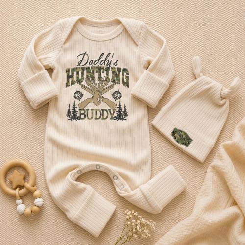 Personalized Camo Deer Baby Bodysuit and Beanie Set, Daddy's Hunting Buddy Coming Home Outfit