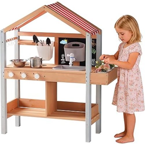 ROBUD Mud Kitchen for Kids Outdoor Wooden Playset with Stove, Sink, Chalkboard & Storage, Pretend Play Kitchen with Canopy for Outdoor Fun，Boys and Girls, Ages 3+