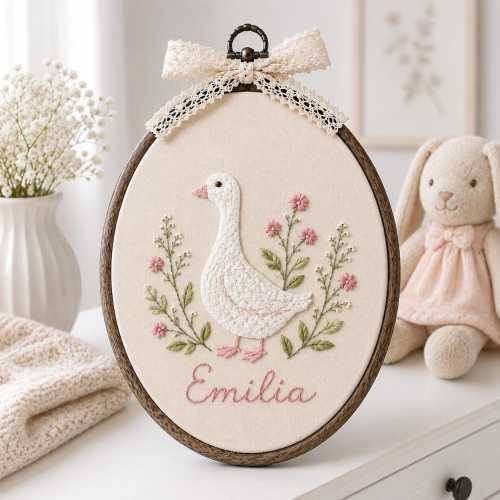 Personalized Goose Baby Name Embroidery Hoop, Custom Nursery Wall Decor With Floral Goose, Fabric Background And Lace Bow Newborn Gift