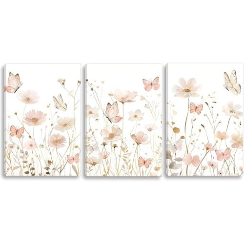 3 PCS Pink Butterfly Wildflower Canvas Wall Art Butterfly Painting Poster Nursery Room Wall Decor Pink Wildflower Pictures for Girls Living Room Bathroom Bedroom Home Decoration 16*24 in (Poster No Frame)