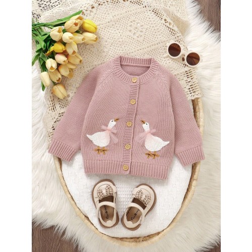 SHEIN Cute Pink Baby/Toddler Girl Cardigan: Round Neck Long Sleeve Duck Embroidery Fashion Jacket Pink Baby Girl Cardigan Baby Girl Sweater With Geese Baby Girl Cardigan Sweater Baby Girl Duck Sweater Baby Girl Goose Sweater Goose Baby Cardigan Fall Winte