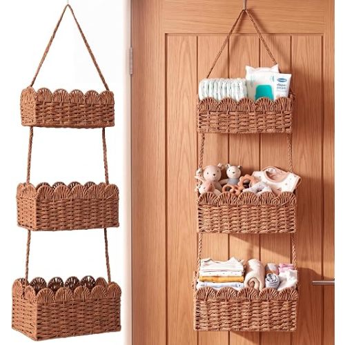 Qunclay over The Door Hanging Basket, 3-tier, Diaper Caddy, Dark Brown