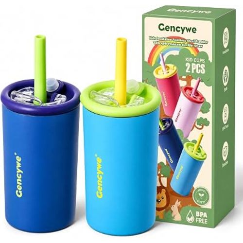 Gencywe® 2 PACK Kids Double Walled Stainless Steel Cups with Straws and lids | 12 oz Spill-Proof Sippy Smoothie Tumbler Set, Small Kids Snack & Drink Water Cups, BPA-Free (Age: 3+ years old & up)