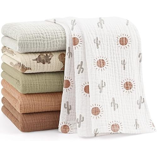Bearmoss Muslin Baby Washcloths 100% Cotton Baby Bath Wash Cloth Large Ultra-Absorbent Burp Cloth Soft Baby Face Towel for Newborn Baby Boy and Girl, 23x23inch 6 Pack (Dinosaurs Park)