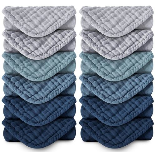 MOON PARK Baby Washcloths, 12 Pack - 12x12 Inches, Small Burp Cloths and Baby Wipes - 100% Cotton Muslin Ultra Soft for Newborn, Infant and Toddlers - Slate, Grey and Navy Series