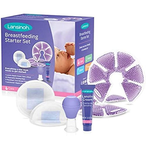 Lansinoh Breastfeeding Starter Set for Nursing Mothers, Breastfeeding Gift for Baby Showers and New Moms, Contains Nursing Essentials and Breast Therapy