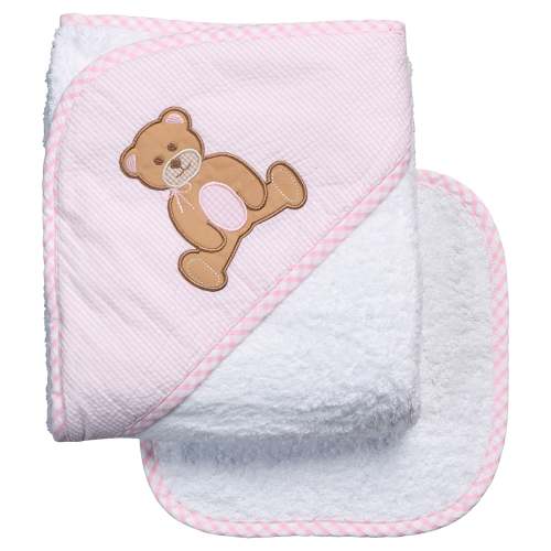 Teddy Bear Applique Hooded Towel & Washcloth Set, Pink
