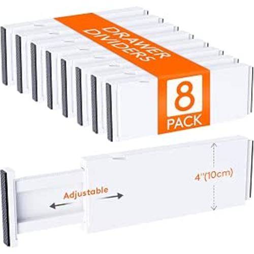 Lifewit 4" High Upgrade Drawer Divider, Adjustable Drawer Organizer Clothes | 8 Pack 11"-17" Expandable White Plastic Drawer Separator for Dresser, Kitchen, Closet, Nursery, Office Organization & Storage