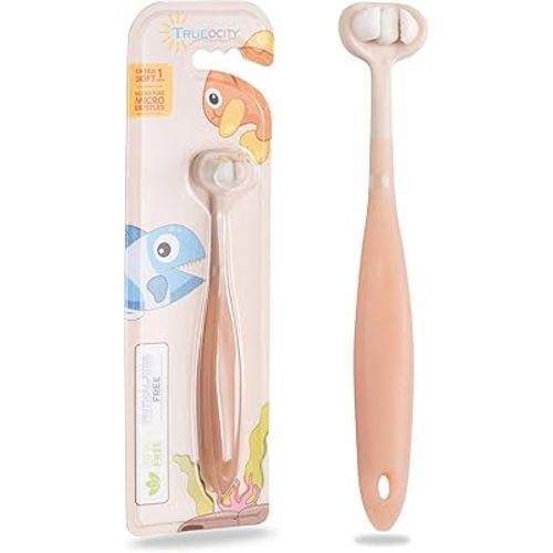 Trueocity Baby Toothbrush 12 Months and Up, Toddler Toothbrush, Extra Soft Toddler Toothbrushes 1-2 2-4, Toothhugger High Efficient 3 Sides,Infant Training Brush, 10,000 Ultra-Soft bristles (Apricot)
