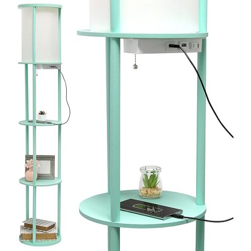 Simple Designs LF2010-AQU 62.5" Round Modern Shelf Etagere Organizer Storage Floor Lamp with 2 USB Charging Ports, 1 Charging Outlet and Linen Shade for Living Room Bedroom, Aqua, 11.5 x 11.5 x 62.5