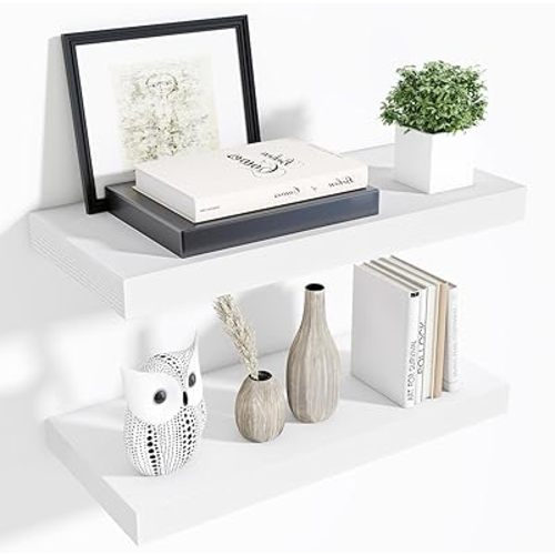 Fun Memories 24 x 10 Floating Shelves Wall-Mounted - Rustic Wood Shelf - 10 Inch Deep Floating Shelves for Wall - Large Storage Shelf for Bathroom - Kitchen & Bedroom - White - Set of 2