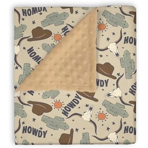 Mink Baby Boy Girl Blanket Western Howdy Cowboy Cowgirl, Boho Cactus Sun Cow Skull Hat Soft Double Layer Dotted Backing Receiving Swaddle, Newborn Infant Toddler Nursery Crib Bedding Shower Gift 30x40