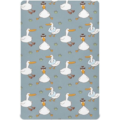 Fitted Crib Sheets Funny Cartoon Duck Stretchy Portable Playard Sheets for Baby Toddler, Breathable Soft Mini Crib Mattress 39 x 27 in for Boys and Girls