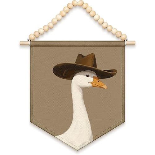 LIANGW Western Goose Nursery Decor, Western Room Decor, Cowboy Silly Goose Humorous Canvas Banner Hanging, Boho Wood Beads Wall Art Decor Hanging Pennant Flag for Woodland Nursery Decor,13x11