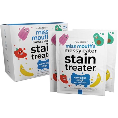Miss Mouth's Messy Eater Stain Treater Wipes - 25 Pack Stain Remover - Newborn & Baby Essentials - No Dry Cleaning Food, Grease, Coffee Off Laundry, Underwear, Fabric
