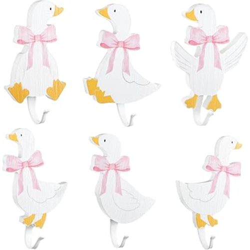 6 Pcs Decorative Goose Wall Hooks Kids Wooden Goose Baby Nursery Hooks Cute White Towel Hanger for Childs Nursery Bathroom Bedroom Home Decor (Pink Coquette Bow)