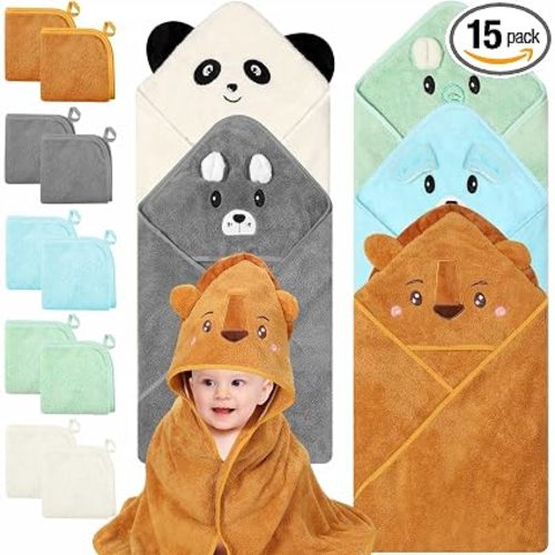 15 PCS Baby Bath Towels Set, Baby Towels for Infants, Toddlers, Essentials | 5xBaby Towels & 10xWashcloths Set, Hooded Baby Towels, Absorbent & Soft, Baby Bath Essentials(Elephant&Bear&Panda&Dog&Lion)