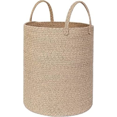 Large Woven Laundry Basket, 15"x18" Tall Blanket Storage for Living Room, Cute Nursery Kids Baby Laundry Hamper, Wicker Hamper for Bedroom Aesthetic, Cotton Rope Dirty Clothes Decor Basket