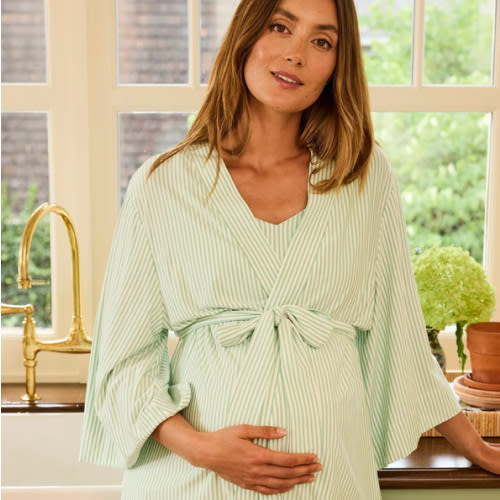 LAKE | Women | DreamModal Pajamas | Parisian Green Pencil Stripe Maternity Kimono Bundle