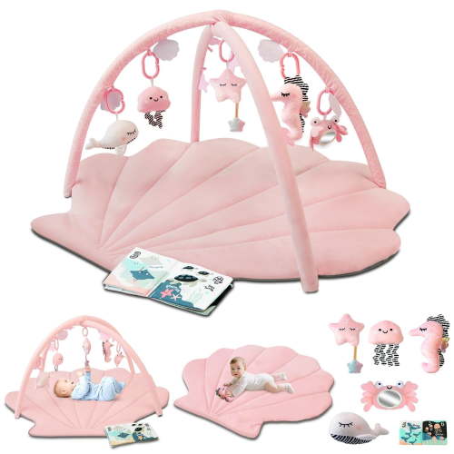 Baby Play Gym Mat, Oversize Tummy Time Activity Mat with 6 Detachable Toys for Infant 0-12 Months Sensory Exploration Skill Development,Pink
