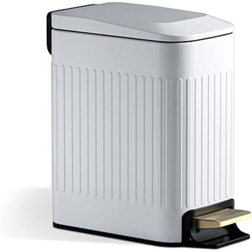 CEROELDA Small Bathroom Trash Can with Lid Soft Close-5L/1.3 Gal Slim Garbage Can-Metal Step Wastebasket-Rectangle Narrow Waste Bin for Office, Bedroom, Toilet, Live Room (Embossed-White)