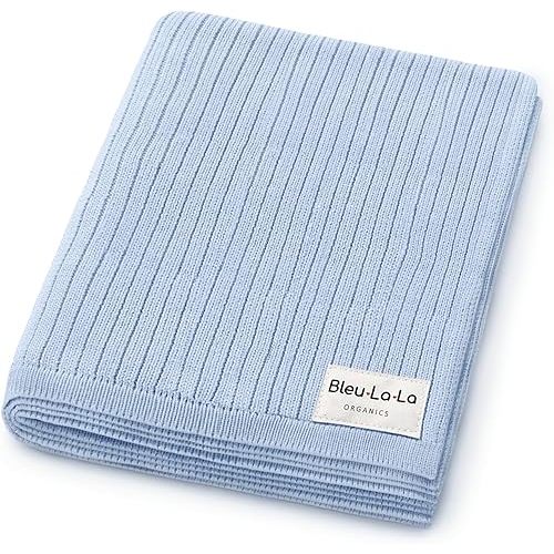 Organic Ribbed Swaddle Blanket for Boys & Girls - 100% Luxury Organic Soft Cotton Knit Warm Cozy Cuddle Stroller Blanket for Newborns, Infants, & Toddlers (Sky Blue)