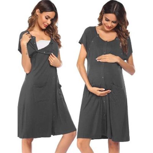 Ekouaer 3 in 1 Labor/Delivery/Hospital Gown Nursing Dress Maternity Nightgown Sleepwear for Breastfeeding with Button Dark Gray L