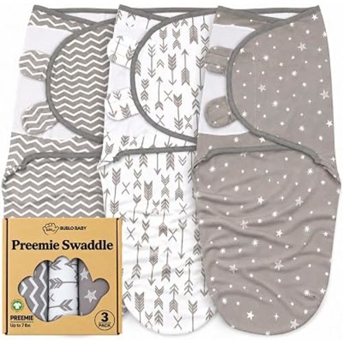 Preemie Swaddle Blanket 3-Pack, GOTS Certified Organic Cotton, Adjustable Hook-and-Loop Swaddle Sack for NICU & Newborn Babies, Soft Breathable Wrap, Reduces Startle Reflex, Up to 7 lbs