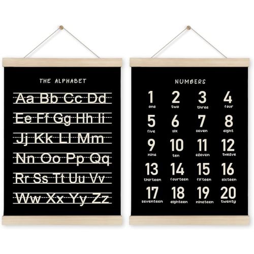 HRQKO Black Alphabet Numbers Poster Hanger Frame Set of 2, Nursery Wall Decor, ABC Poster Wall Art with Wooden Frames, Alphabet Banner Wall Hanging Decor for Playroom Boy Toddler Room, 12x16 Inch