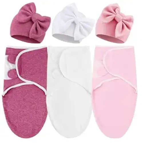 DRESHOW BQUBO 3 Pack Newborn Baby Swaddle Blanket with Hats Infant Adjustable Velcro Swaddling Wraps with Bear Ears Cap for 6-12 Lbs Newborns & 0-3 Months Girls Boys