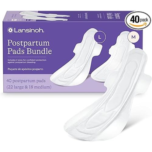 Lansinoh Postpartum Maxi Pads Bundle, 40 Count, Heavy Absorbency Overnight Pads with Wings, Includes 2 Sizes for Extra Protection, Postpartum Essentials