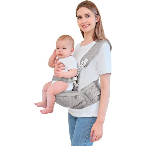 Baby Hip Carrier - Hip Carrier for Baby with Baby Safety Strap - Toddler Carrier 7-45 lbs - Ergonomic Infant Holder Baby Carrier with Hip Seat Large Capacity Pockets(Light Grey)