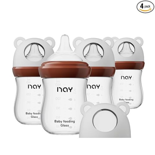 Natural Glass Baby Bottle for Breastfeeding Babies, 5.4oz Anti-Colic Baby Bottle with Natural Response Nipple(S), Clear, Wide Neck, 4 Pack, 1 Months+