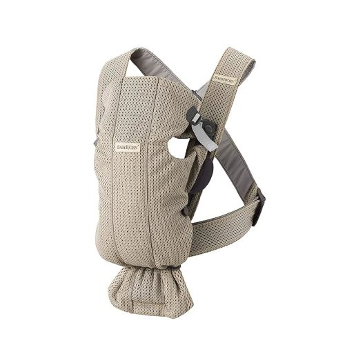 BabyBjörn Baby Carrier Mini, Gray Beige, 3D Mesh Newborn Carrier (7-25 lbs), Ergonomic, Easy-to-Use