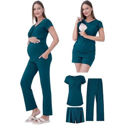 Maternity Nursing Pajamas Set 3PCS, Breastfeeding Tops, Adjustable Shorts & Pants, Postpartum Hospital Bag Essentials