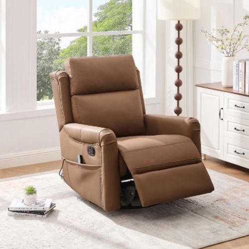 270° Swivel Recliner Massage Chair Nursery Rocking Chair Rocker Glider Single Sofa Accent Chair Leisure Lounge Chair with Heating, Brown - ModernLuxe