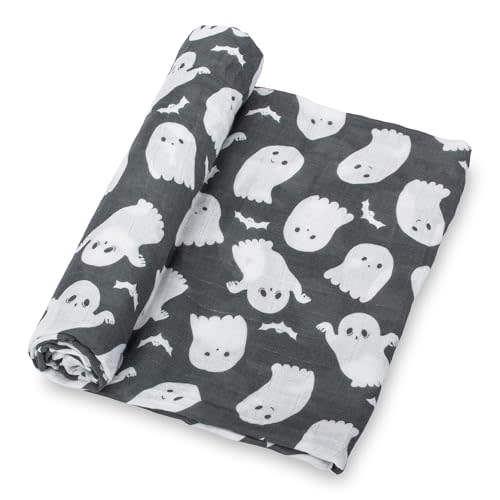 LollyBanks Muslin Swaddle Blankets, 100% Organic Cotton Swaddle Blanket | 47" x 47", Breathable Newborn Blanket for Stroller, Travel, Nursery & Tummy Time (Cute Ghost Halloween Print)