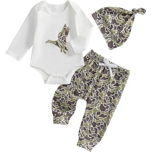 Newborn Baby Boy Hunting Outfit Deer Mallard Duck Romper Jungle Camo Pants Set Hat 3 Piece Fall Winter Clothes
