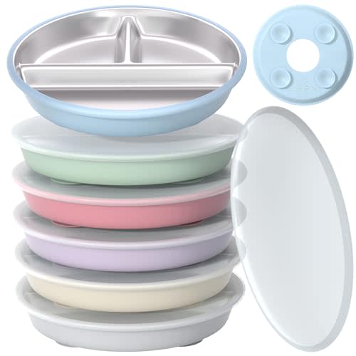 Suction Toddler Plates Set with Lids - Divided Stainless Steel Kids Plates with Dividers Silicone Baby Dishes 7.8 inch (6 Pack Sets)