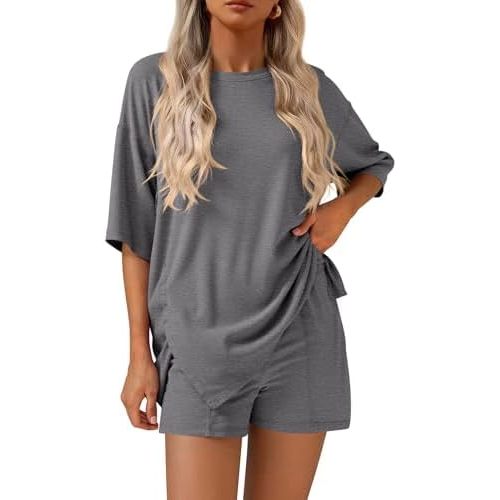 KIRUNDO 2 Piece Sets for Women Summer Lounge Sets Casual Oversized Tshirts Shorts Matching Airport Travel Outfit Postpartum