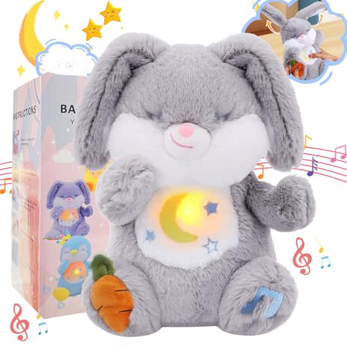 Breathing Stuffed Animal, Soothe Snuggle Bunny Plush, Sleep Buddy Soothing Stuffed Bunny for Anxiety Adults and Kids, Volume Control Easter Bunny Gifts with Realistic Breathing and Lights Music
