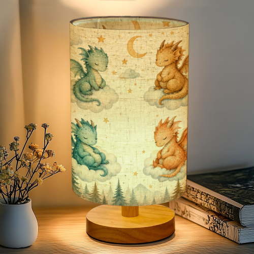 16-Color Dimmable Table Lamp for Bedroom, Dragon baby animals watercolor Nightstand Lamp with Wood Base Fabric Shade, Gifts for Nursery Living Room Reading Room