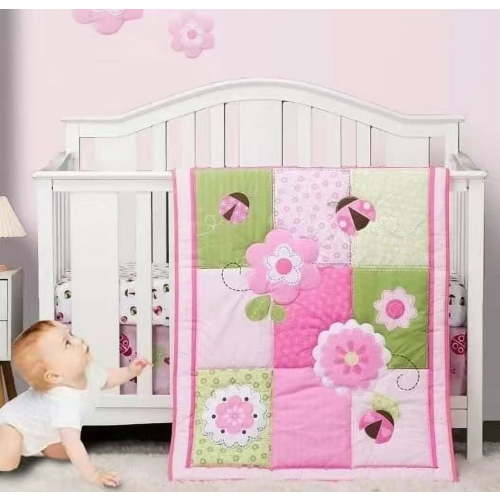 Sweet Baba 3-Piece Crib Bedding Sets for Girls, Cunas para Bebes, Pink Garden Baby Crib Bedding Set-Crib Skirt,Quilt,Crib Sheet